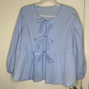 Baby blue front knot long sleeve shirt